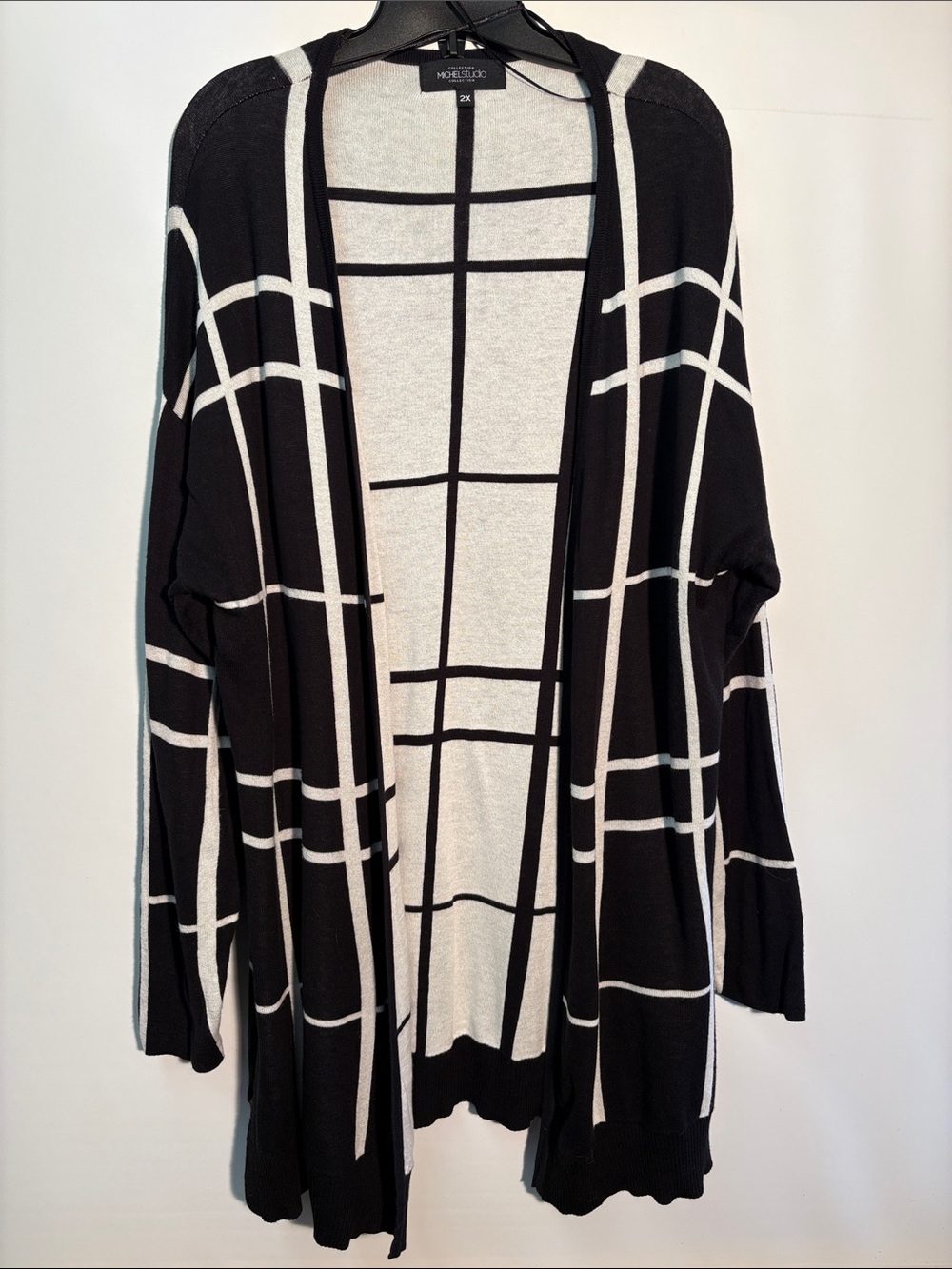 Michel Studio Black and White Windowpane Open Cardigan